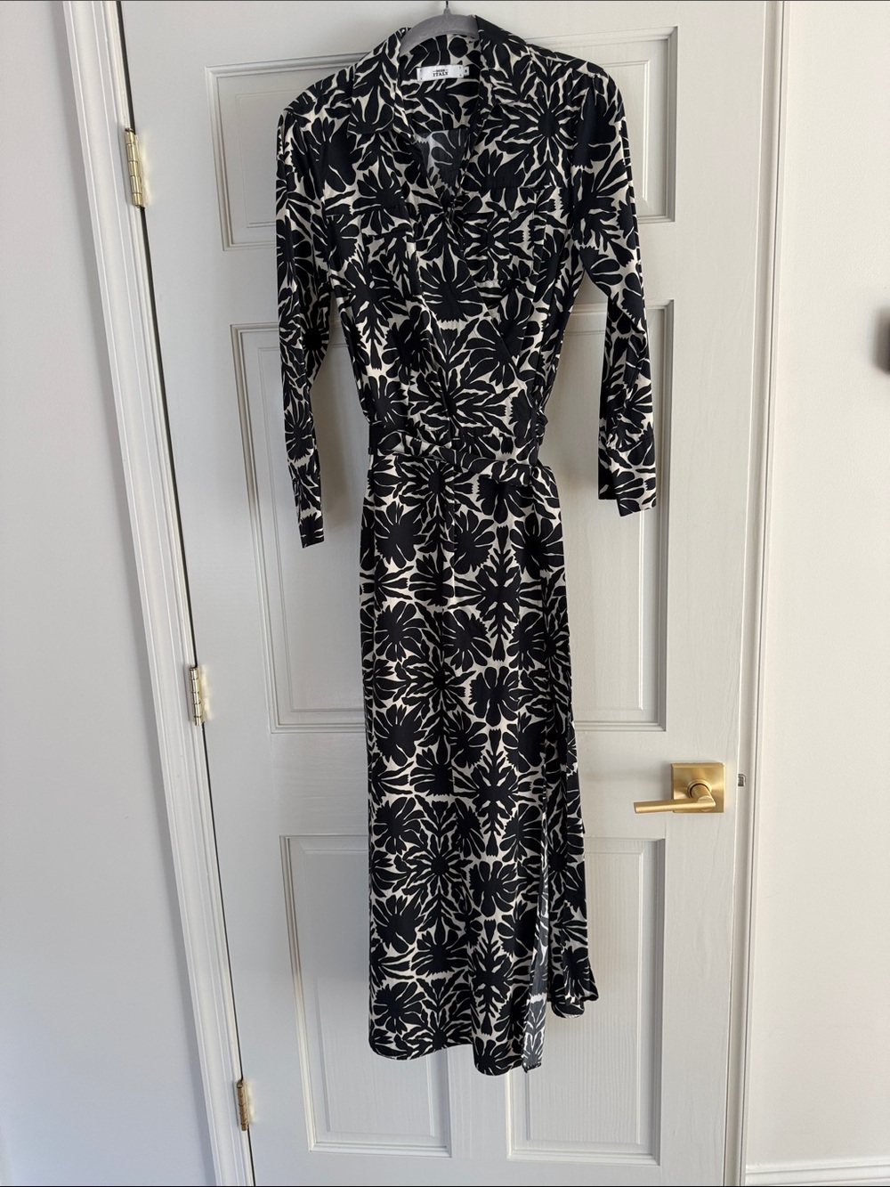 Black and White Floral Long-Sleeve Wrap Maxi Dress